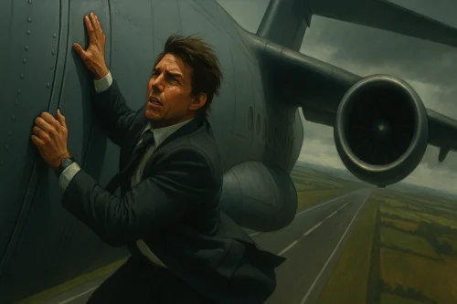 『ミッション:インポッシブル/ローグ・ネイション』の撮影で、トム・クルーズがA400M輸送機の外側にしがみつきながら飛行する決定的瞬間を描いたイラスト