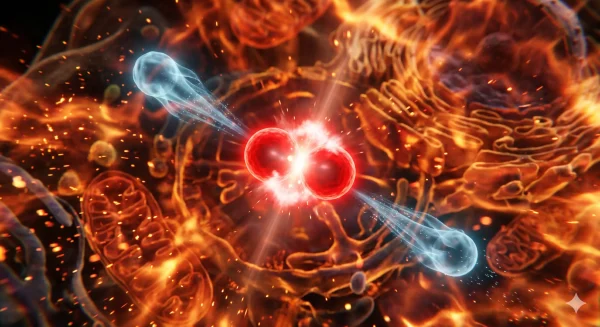 熱によって激しく振動する2つの陽子（水素イオン）が衝突し、反対方向へ飛び出す2つのニュートリノへと変換されるミクロの図解イメージ（※AI生成画像）