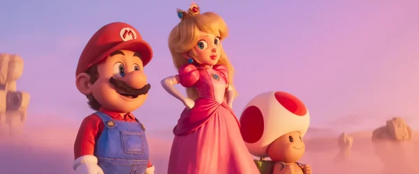 キノコ王国の不思議な光景を目の当たりにし、目を丸くして驚きを隠せない様子のマリオ。