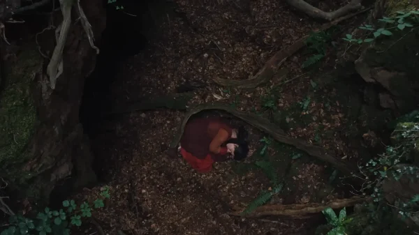 森の中で体を小さくして寝る、ジェシー・バックリー演じる妻アグネス