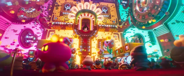 ネオンが輝くカジノで重力ギミックの障害物を避けるアクションシーン