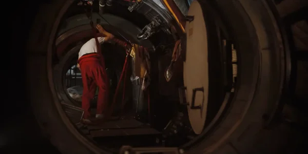 配線や計器類がむき出しになった泥臭くリアルなデザインの宇宙船「ヘイル・メアリー号」の船内で活動するグレース