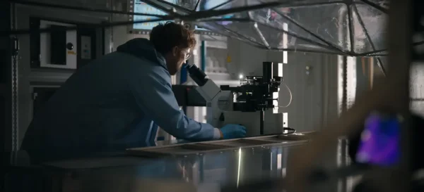 ヘイル・メアリー号の実験室内で、青く光るモニターや顕微鏡のような機材を深刻な表情で覗き込むライランド・グレース