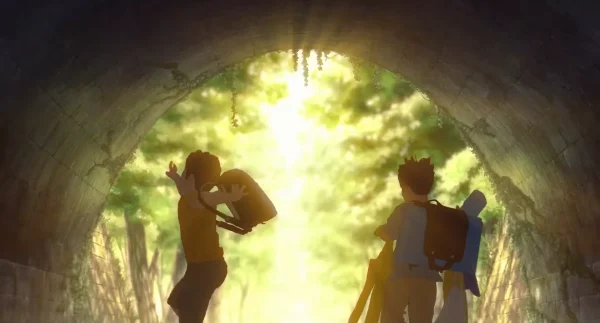 夕暮れ道を二人で歩く少年時代の翼と暁太郎