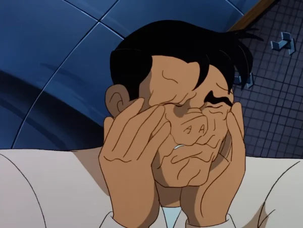 アニメ『バットマン』の「Feat of Clay」で顔が泥状に変形していくマット・ヘーゲンの1シーン